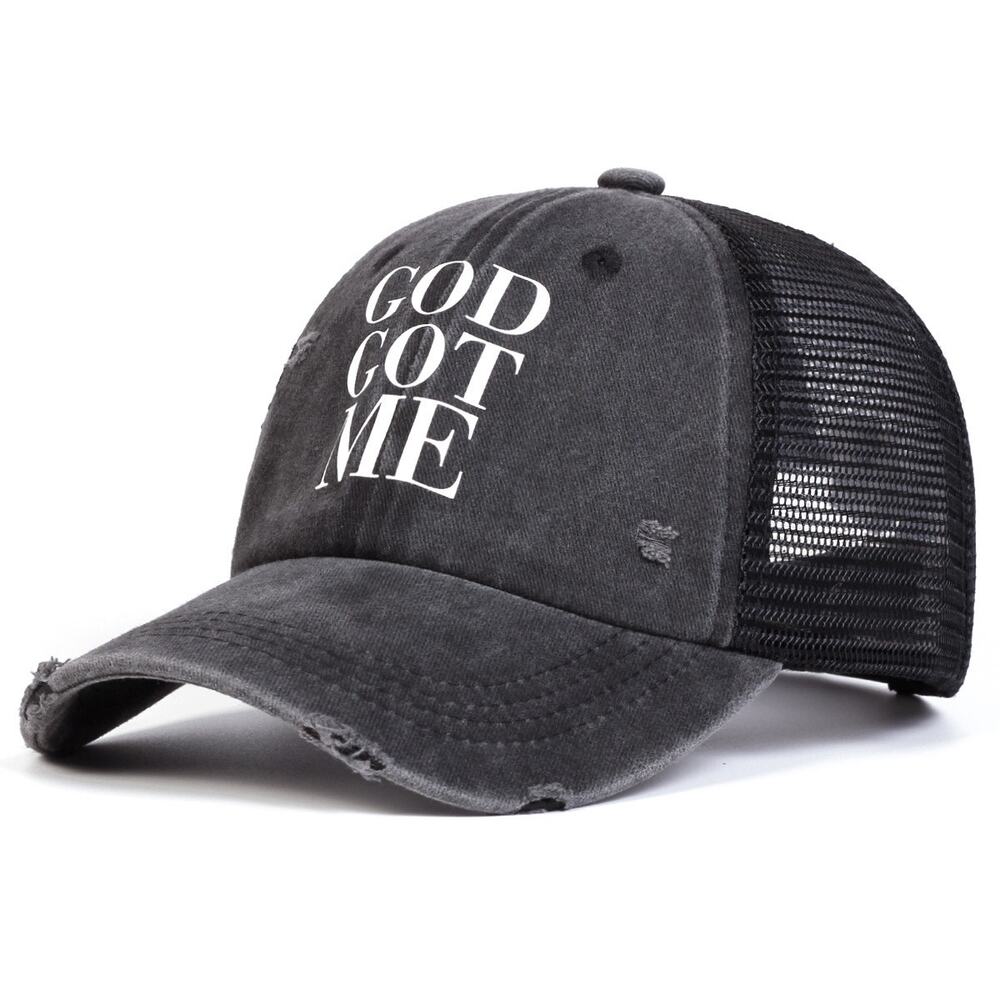 God Got Me Black Distressed Faith Inspired Mesh Adjustable Trucker Hat NWOT - Picture 2 of 4